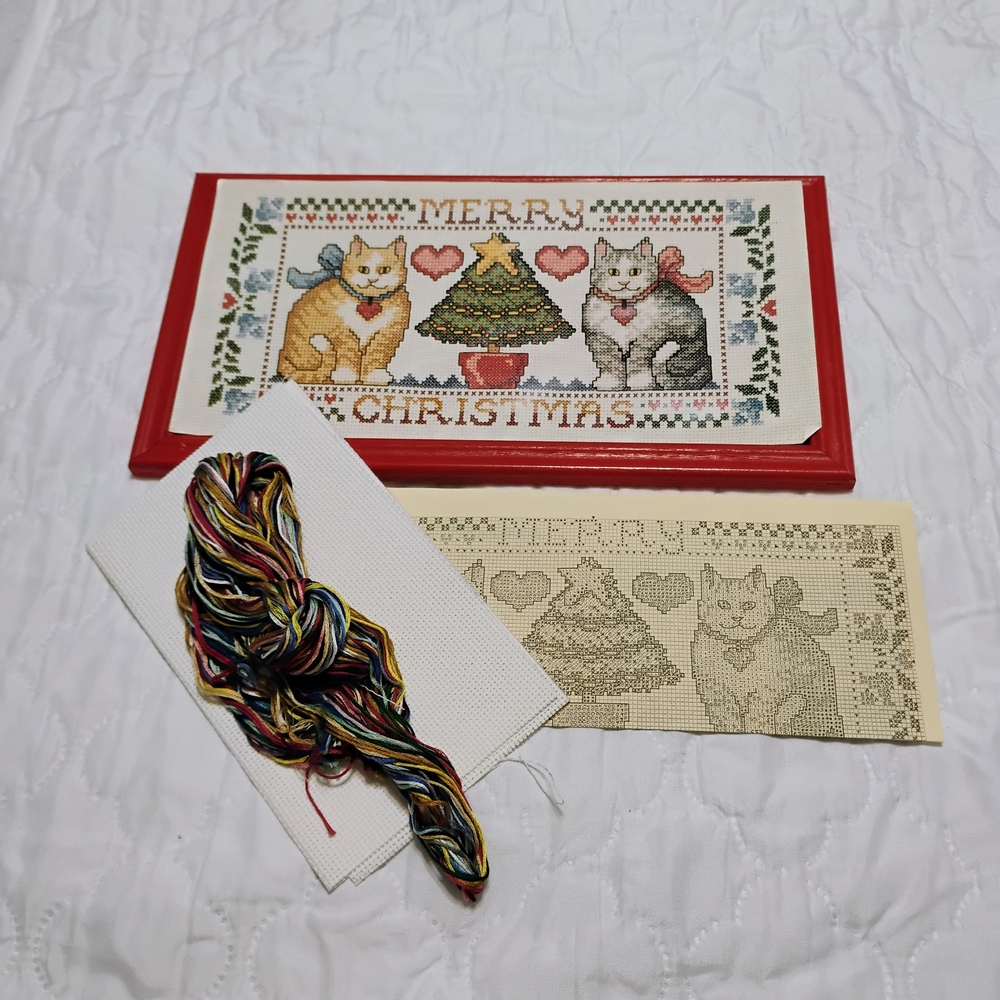Christmas Counted Cross-Stitch Kit with Cats and Tree - Red Frame